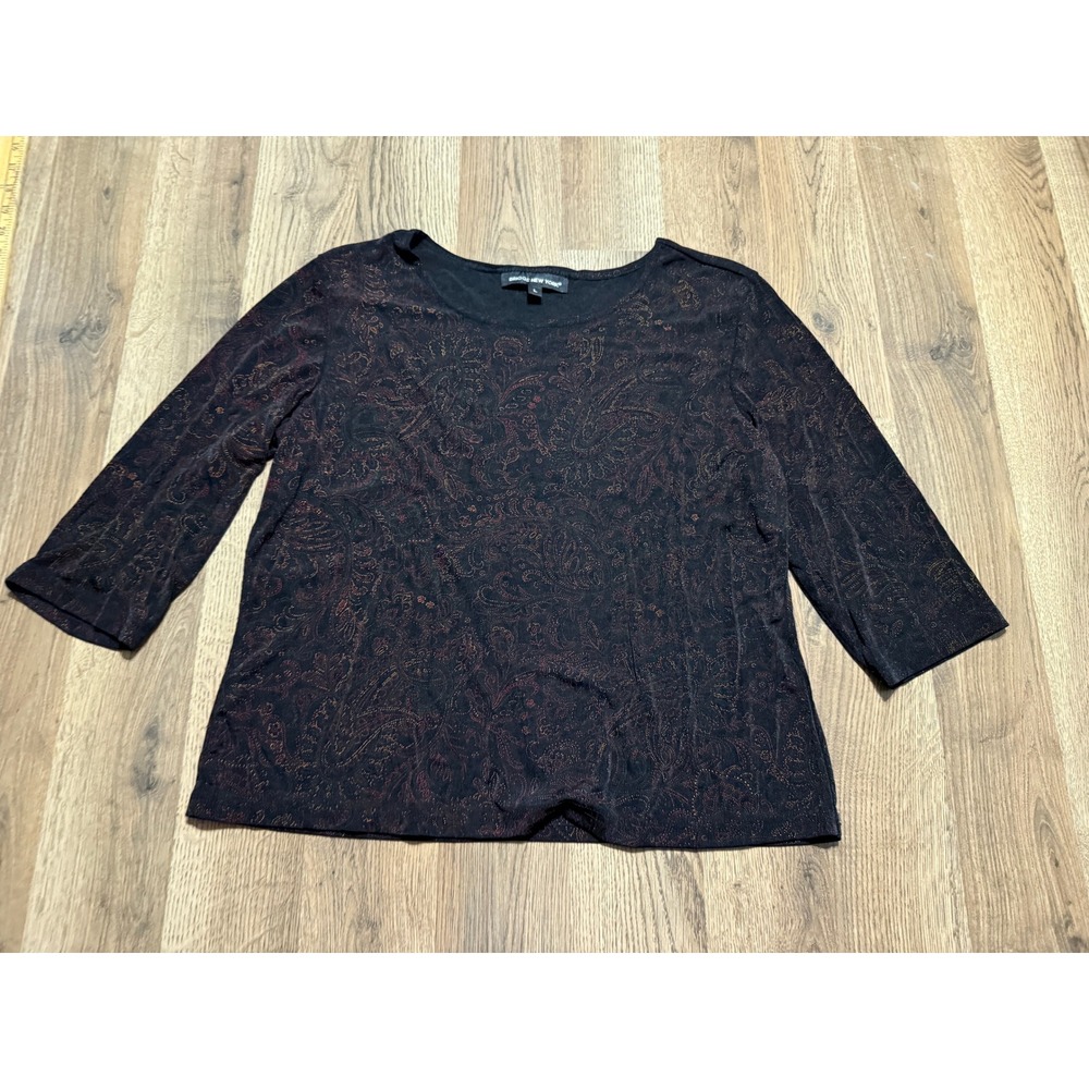 Briggs New York Shirt Womens Size L Black Paisley Glitter 3/4 Sleeve Blouse